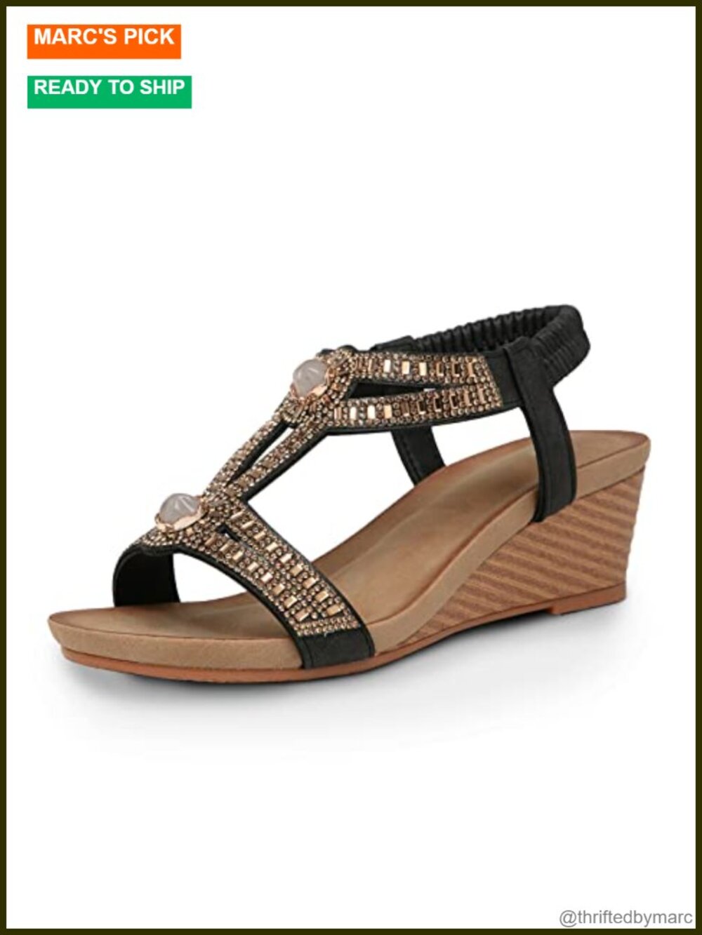 Women's Rhinestone Glitter Wedge Sandals Open Toe Elastic Ankle Strap